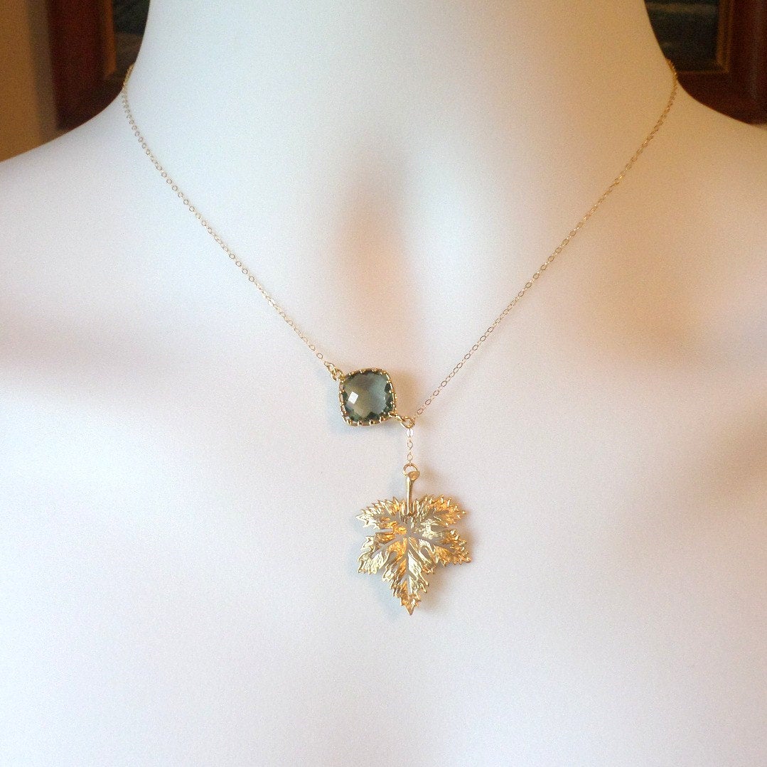 OOAK - Gold Maple Leaf and Smokey Quartz Lariat Necklace - Leaf Lariat Necklace - Gold Leaf Lariat - Christmas Gift