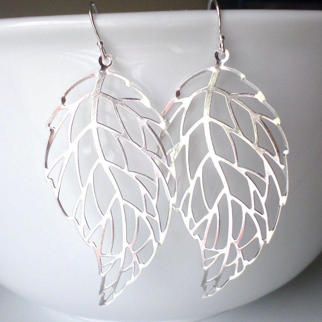 Silver Leaf Earrings - Dangle Leaf Earrings - Sterling Silver Leaf Earrings - Fall Jewelry - Christmas Gifts - Long Earrings