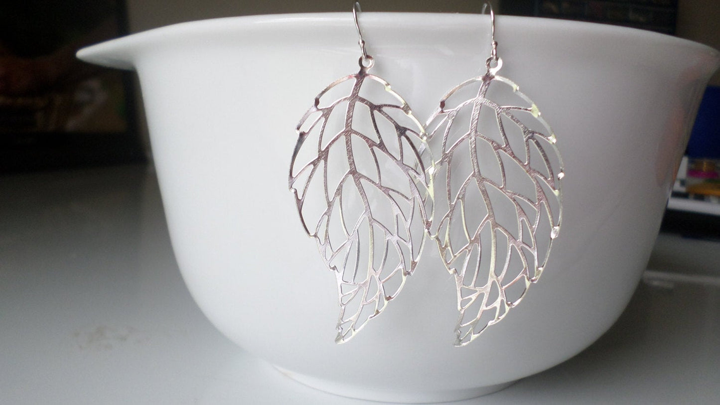 Silver Leaf Earrings - Dangle Leaf Earrings - Sterling Silver Leaf Earrings - Fall Jewelry - Christmas Gifts - Long Earrings