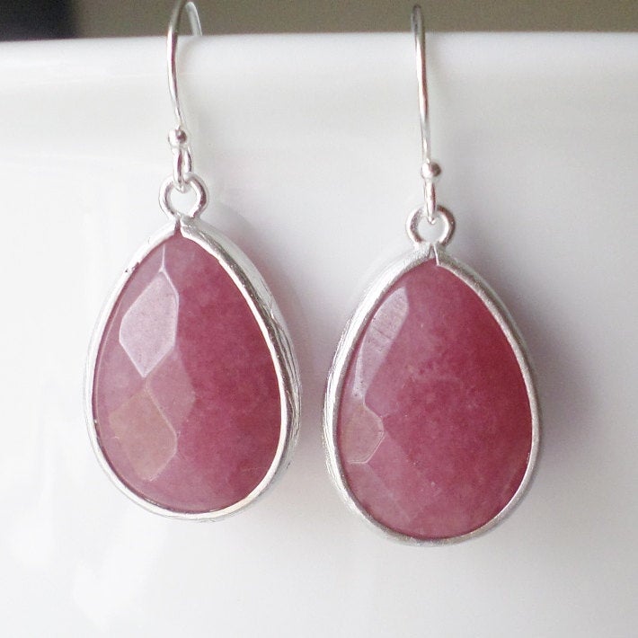 Only One Available - Silver and Burgundy Earrings - Framed Stone Earrings - Sterling Silver and Silver Plated Earrings - Christmas Gift