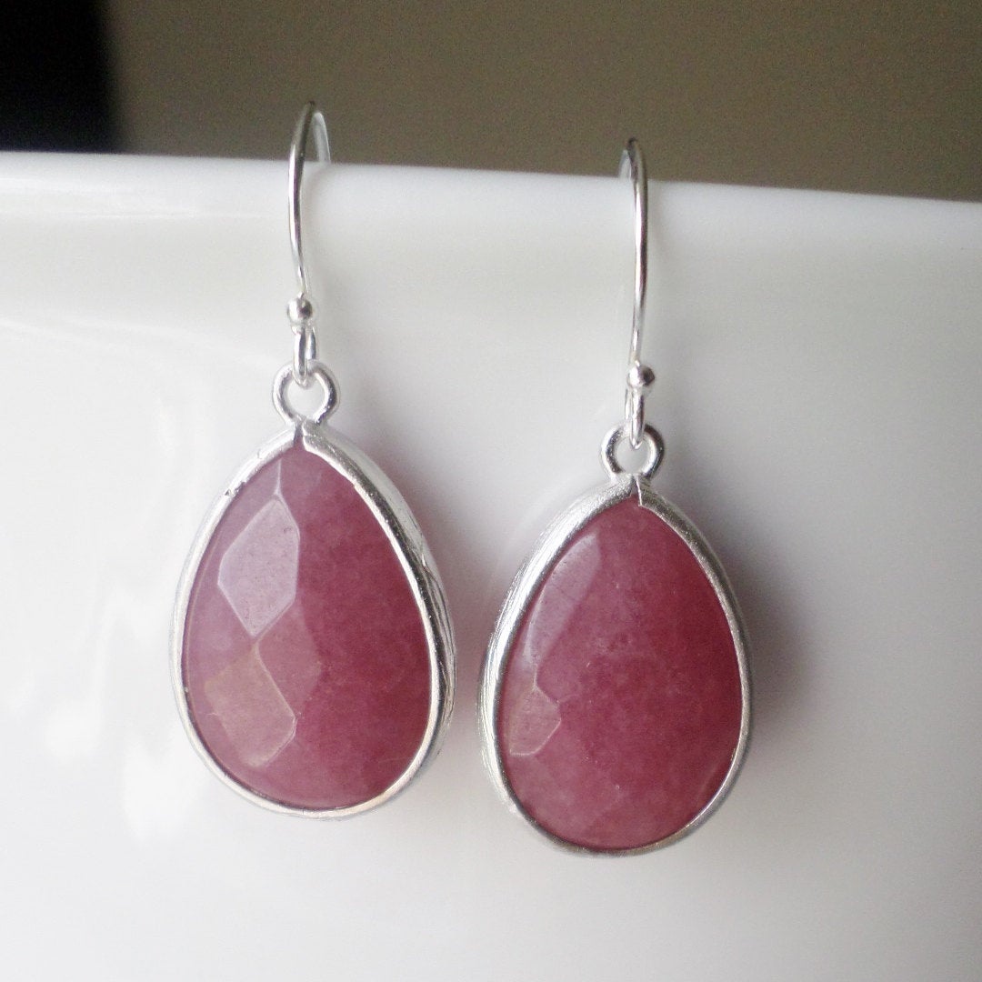 Only One Available - Silver and Burgundy Earrings - Framed Stone Earrings - Sterling Silver and Silver Plated Earrings - Christmas Gift