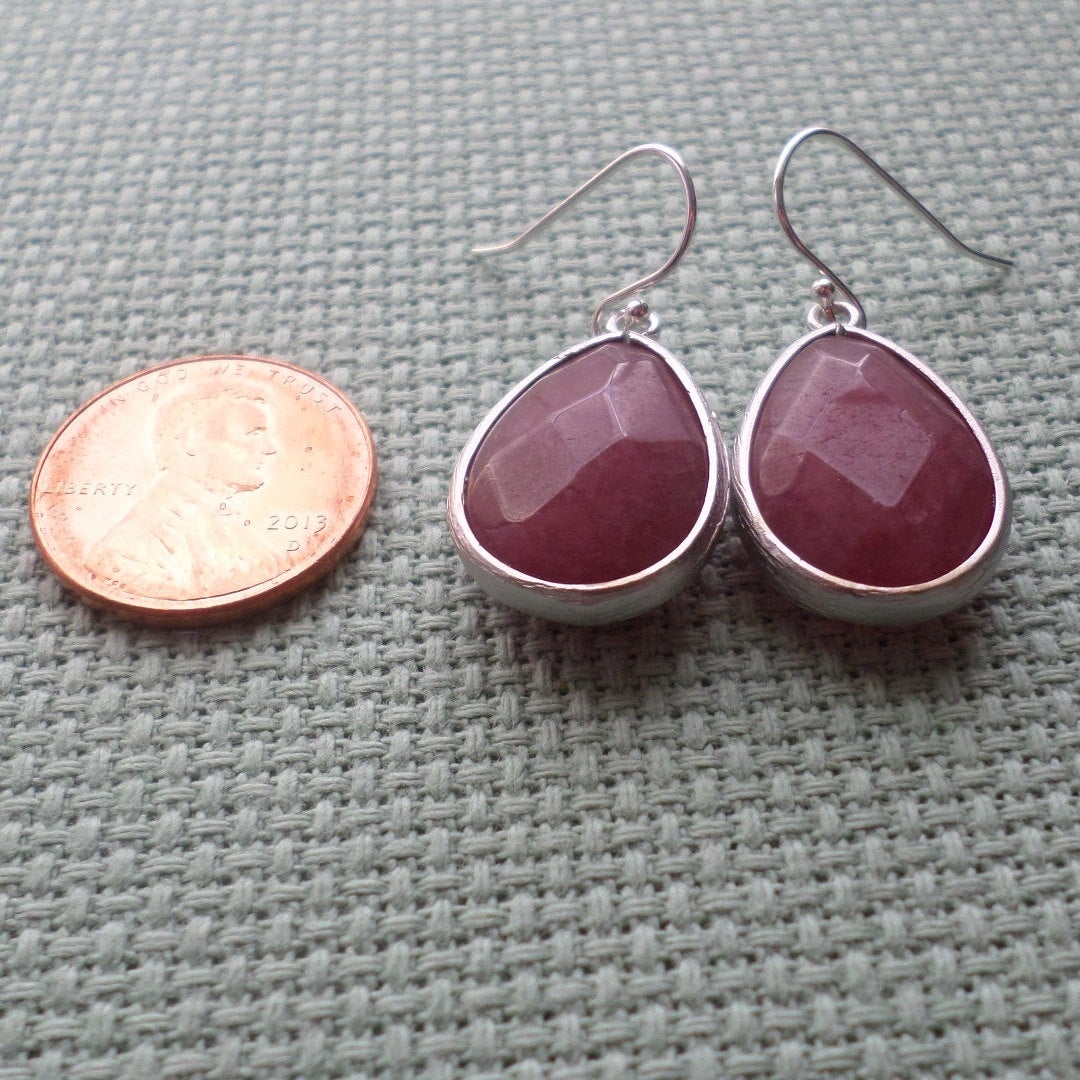 Only One Available - Silver and Burgundy Earrings - Framed Stone Earrings - Sterling Silver and Silver Plated Earrings - Christmas Gift