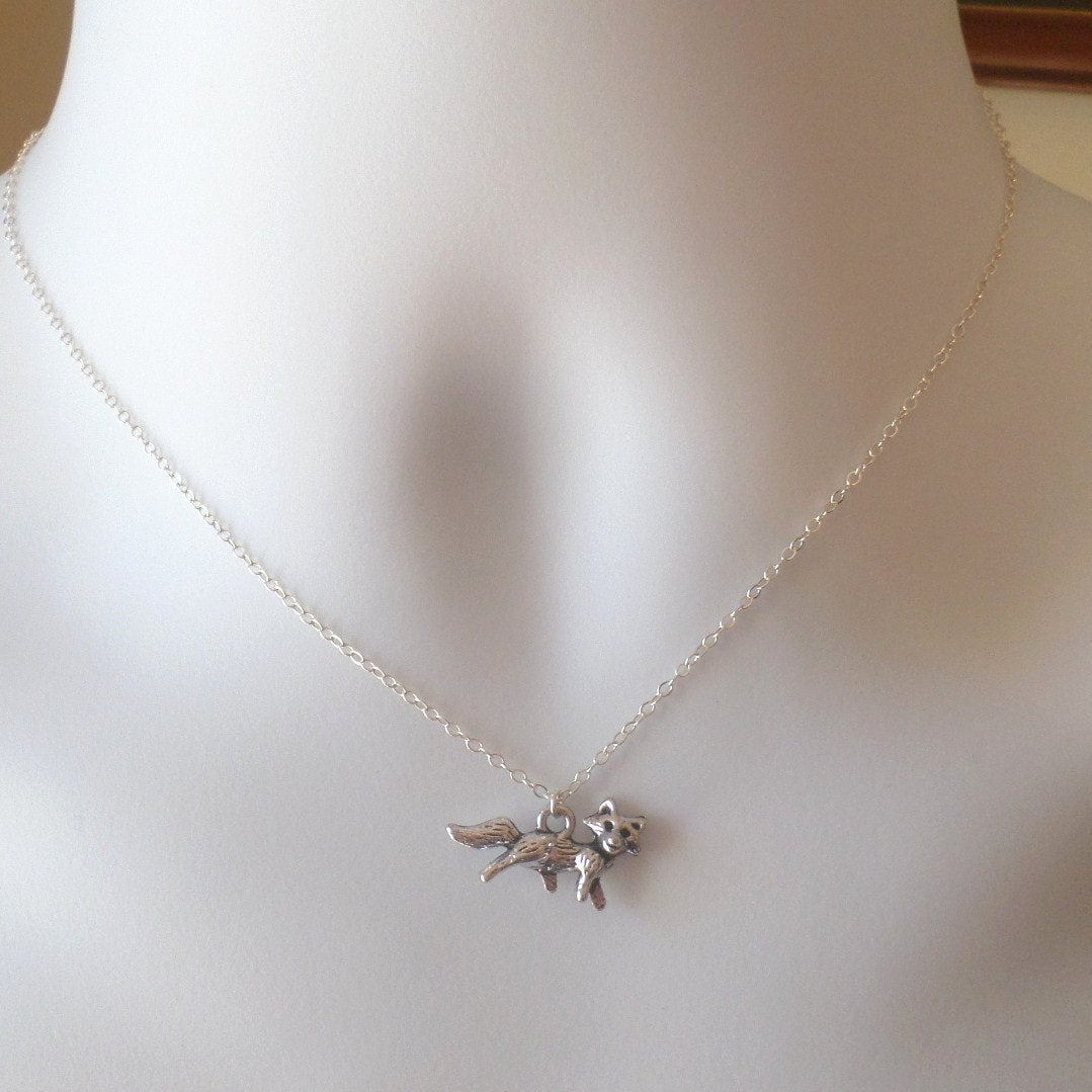 Fox Necklace - Silver Fox Necklace - Tiny Silver Fox Necklace, Sterling Silver Necklace, Animal Jewelry, grey, white, silver, Christmas Gift