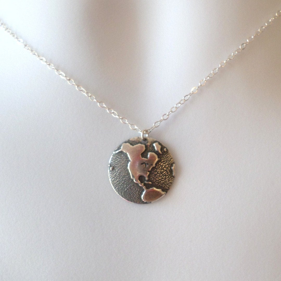 Silver Globe Necklace - Silver Round 1/2 Globe Charm Necklace - United States Silver Necklace - Earth Necklace  - Christmas Gifts