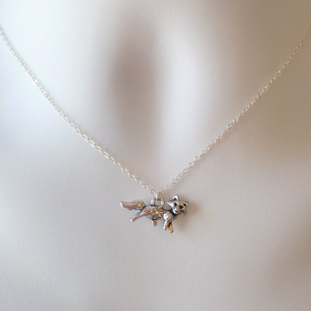 Fox Necklace - Silver Fox Necklace - Tiny Silver Fox Necklace, Sterling Silver Necklace, Animal Jewelry, grey, white, silver, Christmas Gift