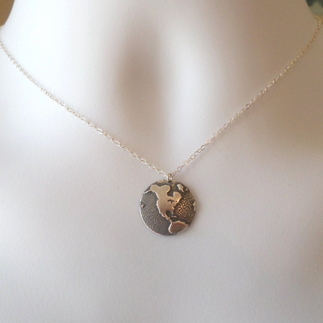 Silver Globe Necklace - Silver Round 1/2 Globe Charm Necklace - United States Silver Necklace - Earth Necklace  - Christmas Gifts