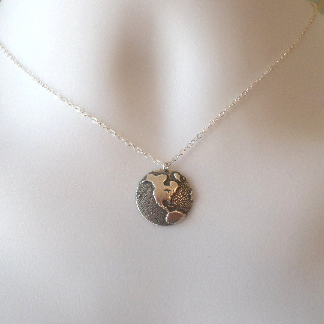 Silver Globe Necklace - Silver Round 1/2 Globe Charm Necklace - United States Silver Necklace - Earth Necklace  - Christmas Gifts