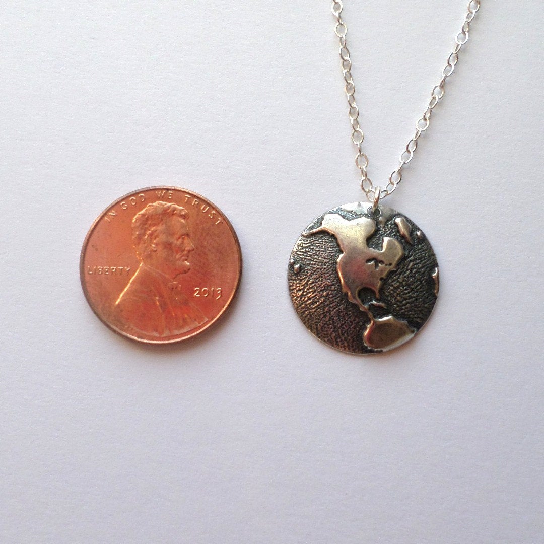 Silver Globe Necklace - Silver Round 1/2 Globe Charm Necklace - United States Silver Necklace - Earth Necklace  - Christmas Gifts