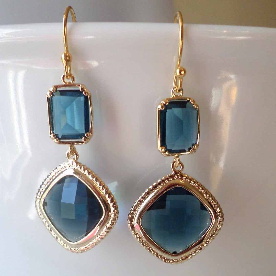 Only One Available - Montana Blue Framed Glass Gold Chandelier Earrings - Dark Blue Earrings - Gold Earrings - Christmas Gift