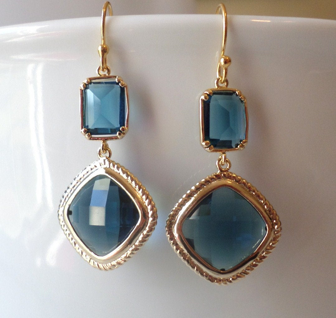 Only One Available - Montana Blue Framed Glass Gold Chandelier Earrings - Dark Blue Earrings - Gold Earrings - Christmas Gift