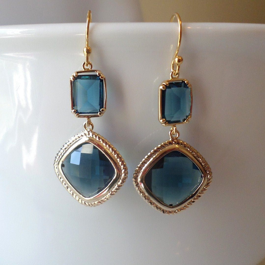 Only One Available - Montana Blue Framed Glass Gold Chandelier Earrings - Dark Blue Earrings - Gold Earrings - Christmas Gift