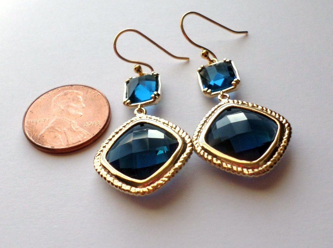 Only One Available - Montana Blue Framed Glass Gold Chandelier Earrings - Dark Blue Earrings - Gold Earrings - Christmas Gift