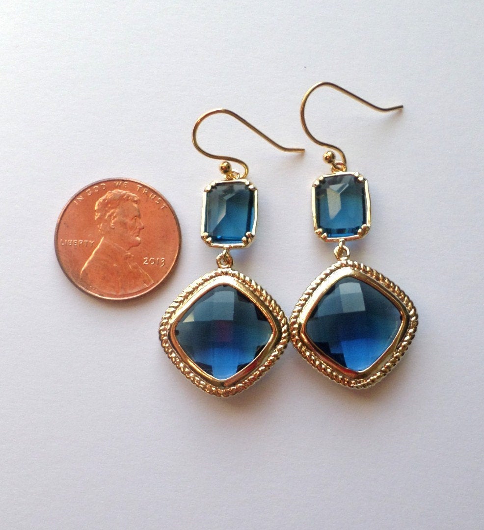 Only One Available - Montana Blue Framed Glass Gold Chandelier Earrings - Dark Blue Earrings - Gold Earrings - Christmas Gift