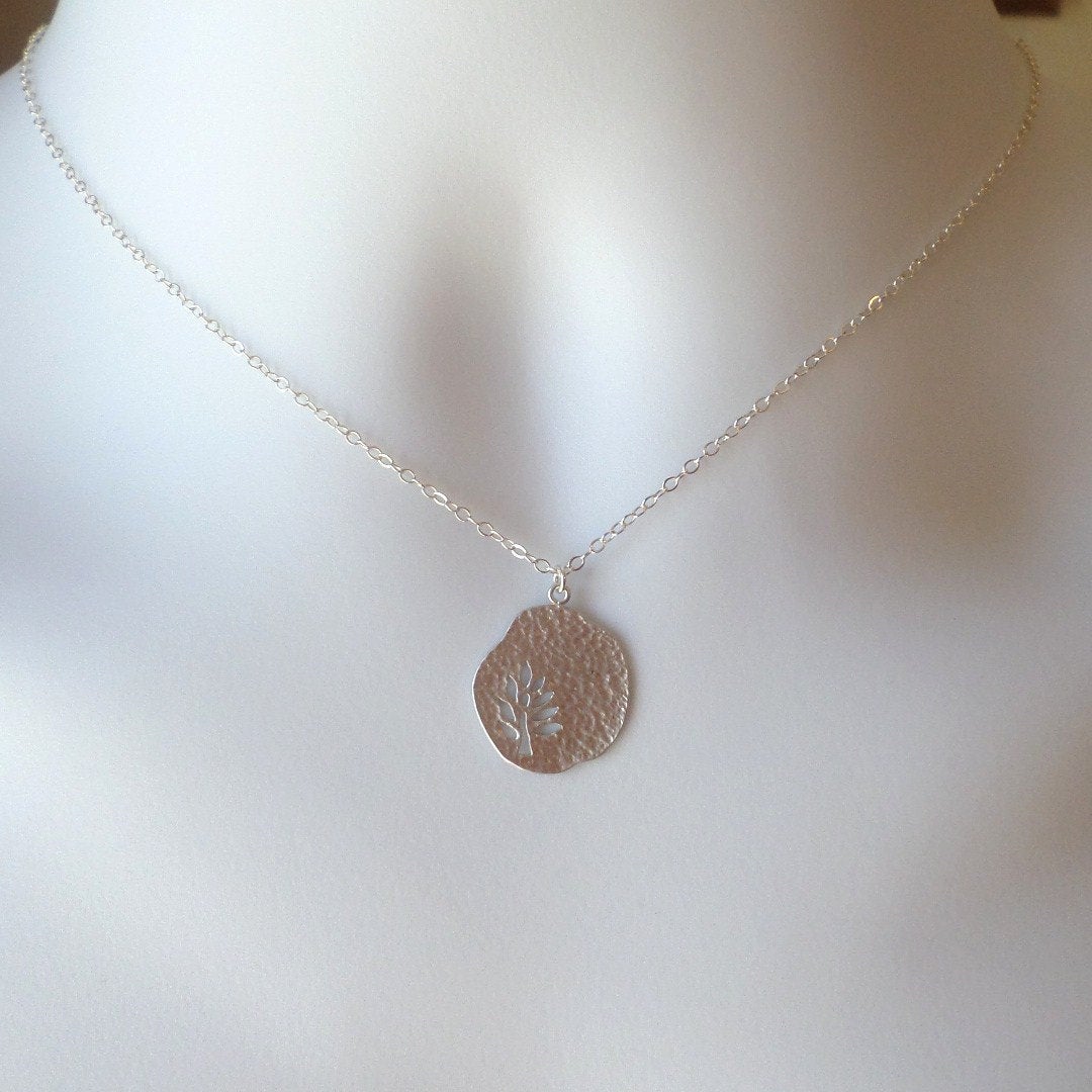 Silver Leaf Cutout Disc Necklace - Silver Disc Necklace - Sterling Silver Disc Necklace - Bridal Gifts - Christmas Gifts - Nature Jewelry