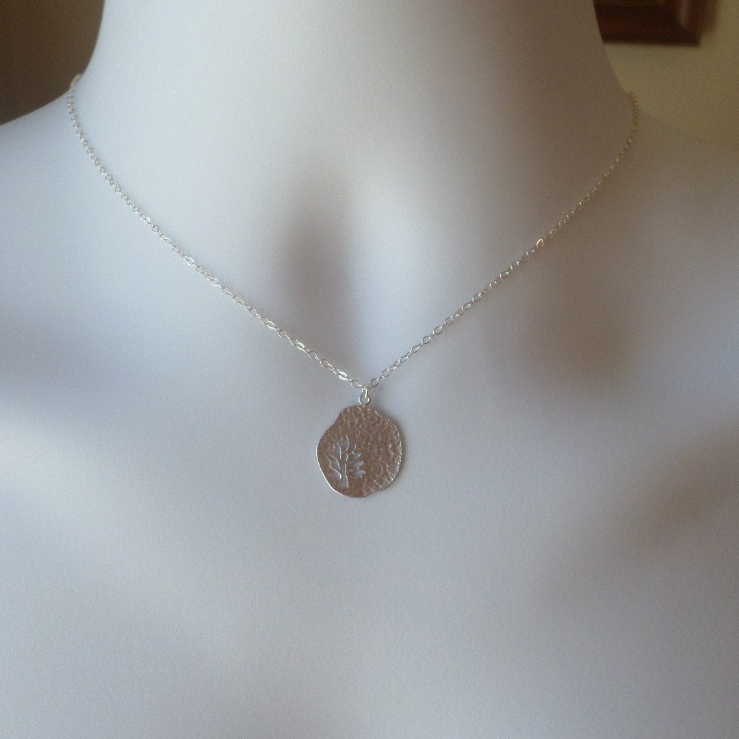 Silver Leaf Cutout Disc Necklace - Silver Disc Necklace - Sterling Silver Disc Necklace - Bridal Gifts - Christmas Gifts - Nature Jewelry