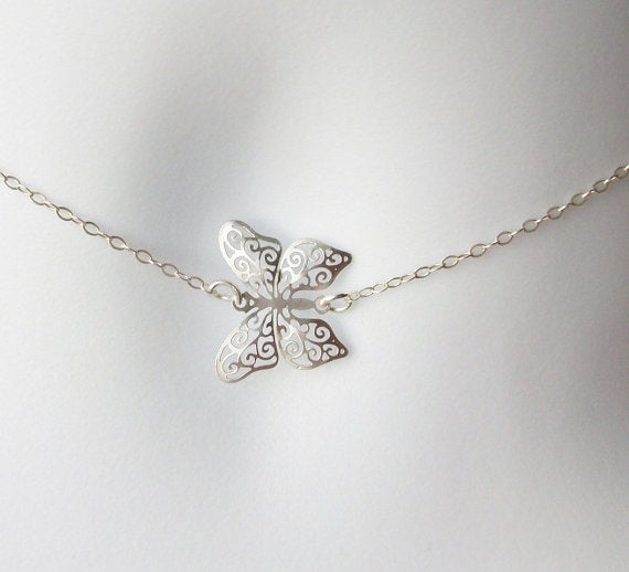 Butterfly Necklace - Silver Butterfly Necklace - Sideways Silver Butterfly Necklace - Sterling Silver Necklace, Bridal Gifts - Mothers Day