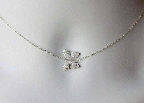 Butterfly Necklace - Silver Butterfly Necklace - Sideways Silver Butterfly Necklace - Sterling Silver Necklace, Bridal Gifts - Mothers Day