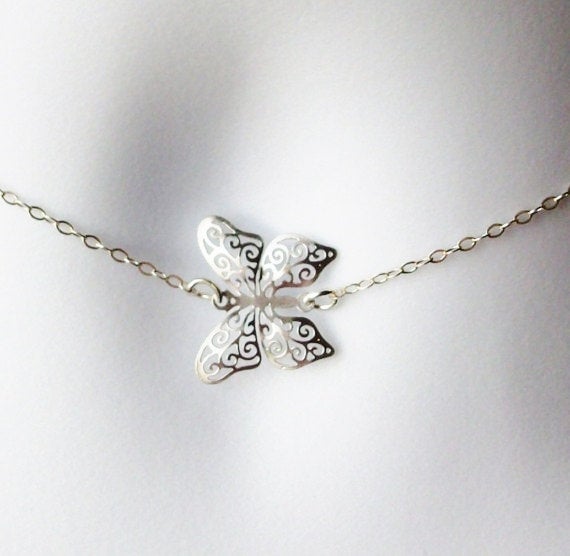 Butterfly Necklace - Silver Butterfly Necklace - Sideways Silver Butterfly Necklace - Sterling Silver Necklace, Bridal Gifts - Mothers Day