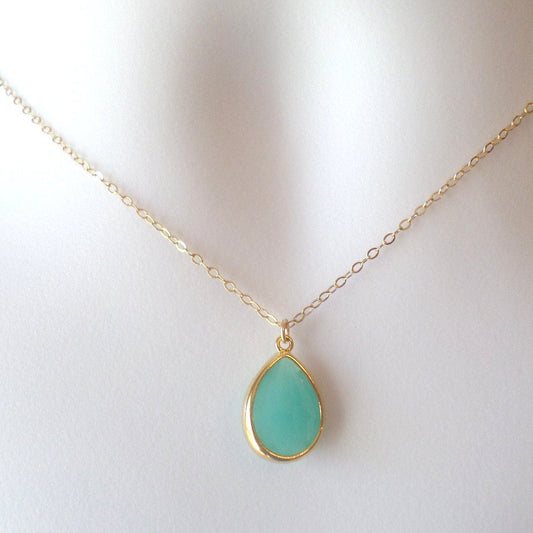 Mint Green and Gold Glass Stone Framed Necklace - Gold Necklace - Charm Necklace - Gold Jewelry - Birthday Gift - Christmas Gift