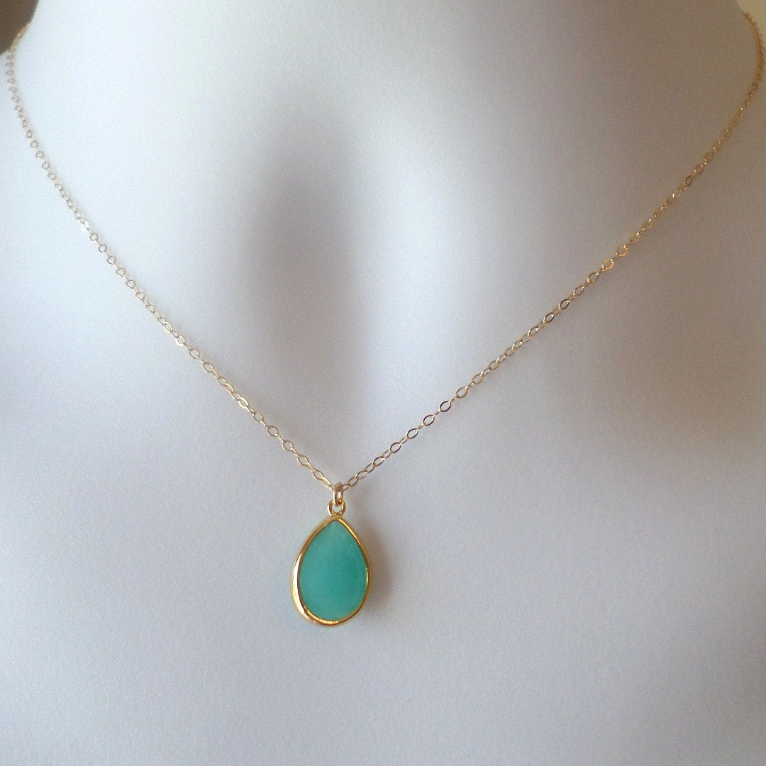 Mint Green and Gold Glass Stone Framed Necklace - Gold Necklace - Charm Necklace - Gold Jewelry - Birthday Gift - Christmas Gift