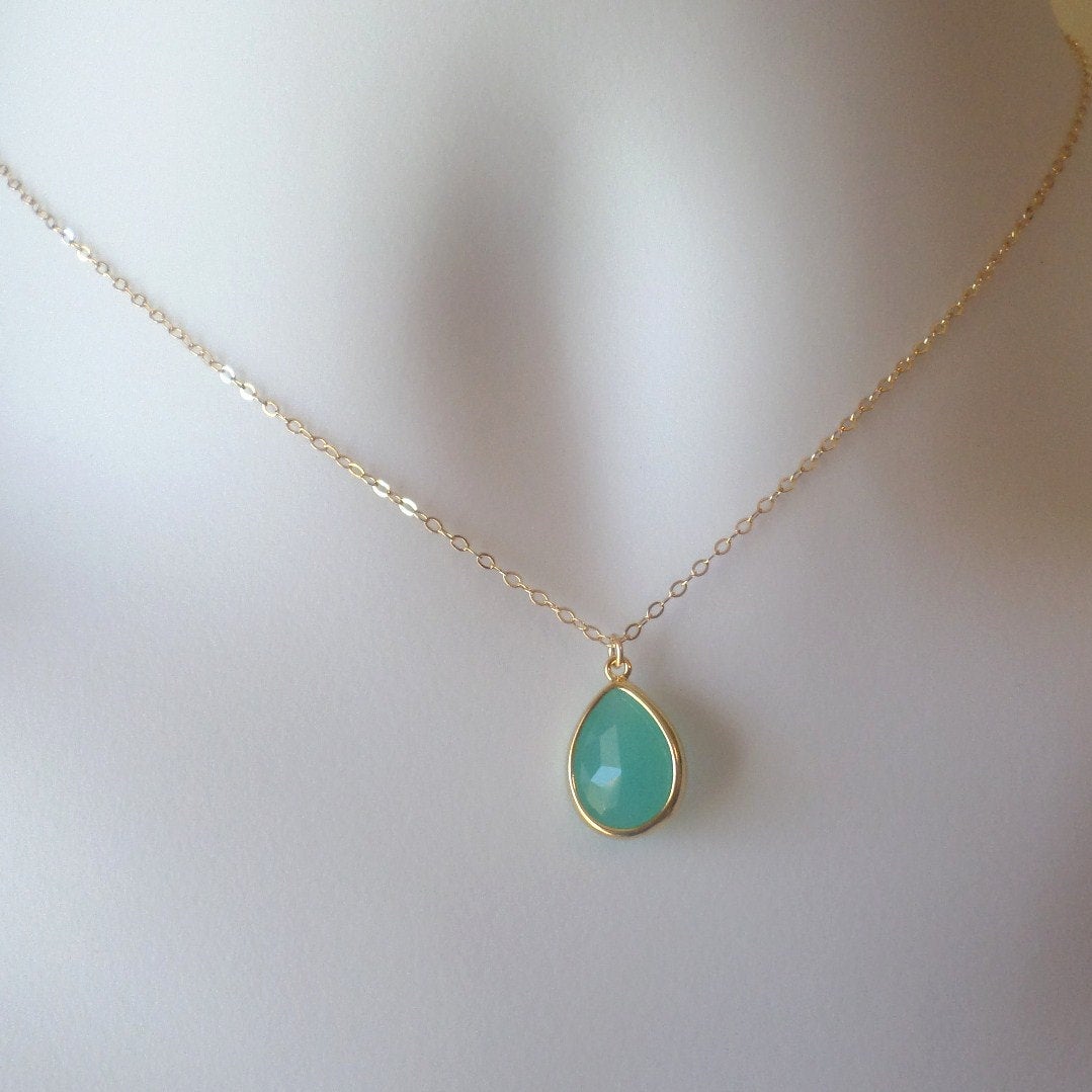 Mint Green and Gold Glass Stone Framed Necklace - Gold Necklace - Charm Necklace - Gold Jewelry - Birthday Gift - Christmas Gift