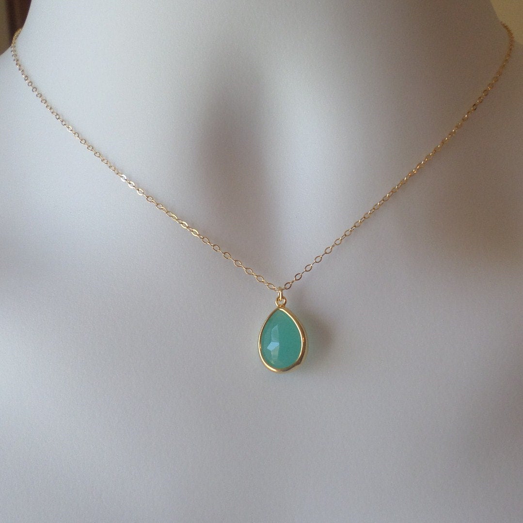 Mint Green and Gold Glass Stone Framed Necklace - Gold Necklace - Charm Necklace - Gold Jewelry - Birthday Gift - Christmas Gift