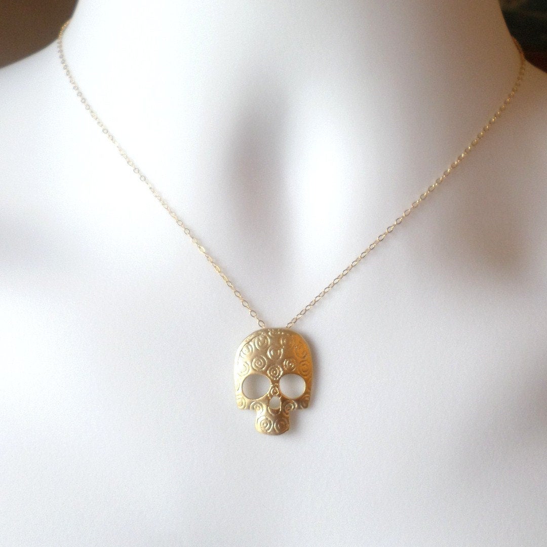 Skull Necklace - Gold Skull Necklace - Day of the Dead Jewelry - Unique Jewelry - Christmas Gift