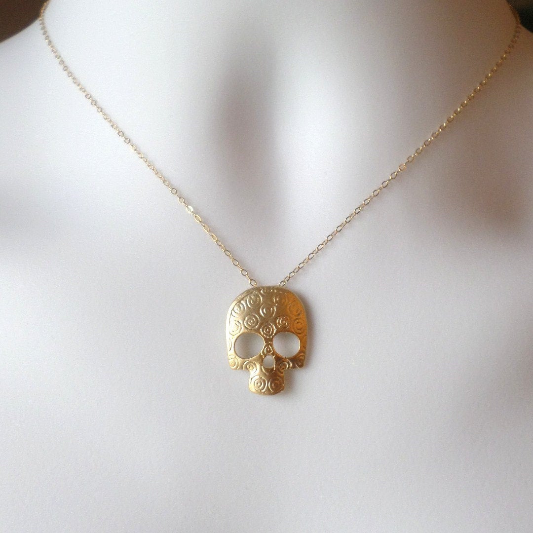 Skull Necklace - Gold Skull Necklace - Day of the Dead Jewelry - Unique Jewelry - Christmas Gift