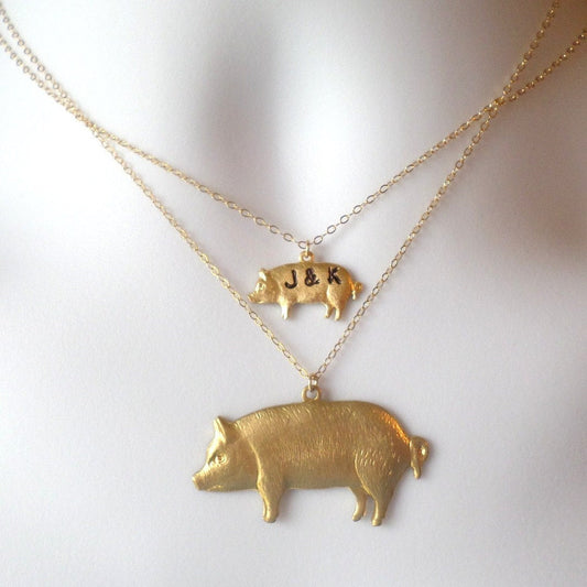 Pig Necklaces  - Set of two Gold Pig Necklaces - Pig Necklaces, Gold Filled Necklace, Animal Jewelry, Christmas Gift, Animal Farm