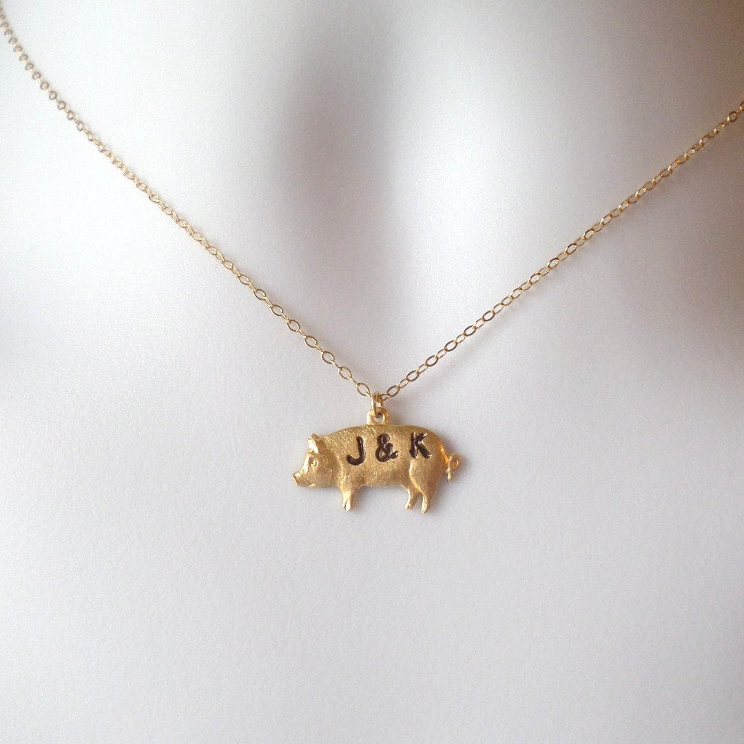 Pig Necklace- Gold Pig Necklace - Mongrammed Necklace - Personalized Necklace - Hand Stamped Jewelry - Christmas Gift