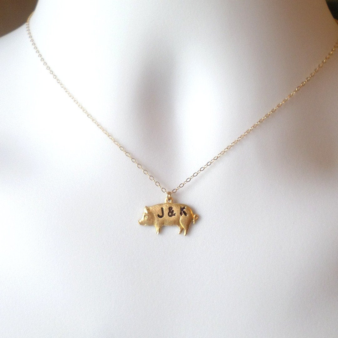 Pig Necklace- Gold Pig Necklace - Mongrammed Necklace - Personalized Necklace - Hand Stamped Jewelry - Christmas Gift