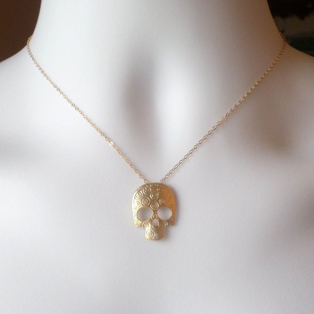 Skull Necklace - Gold Skull Necklace - Day of the Dead Jewelry - Unique Jewelry - Christmas Gift