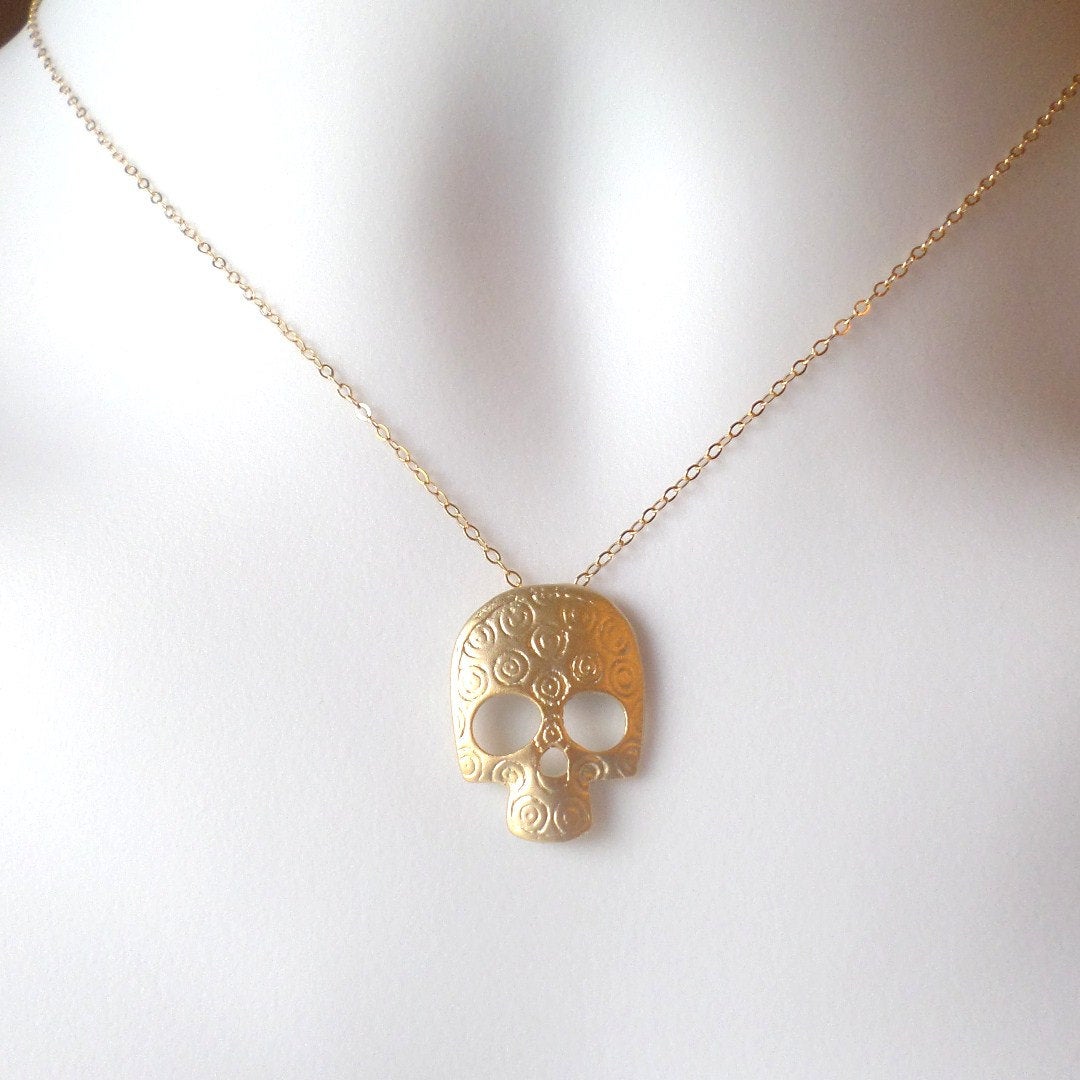 Skull Necklace - Gold Skull Necklace - Day of the Dead Jewelry - Unique Jewelry - Christmas Gift