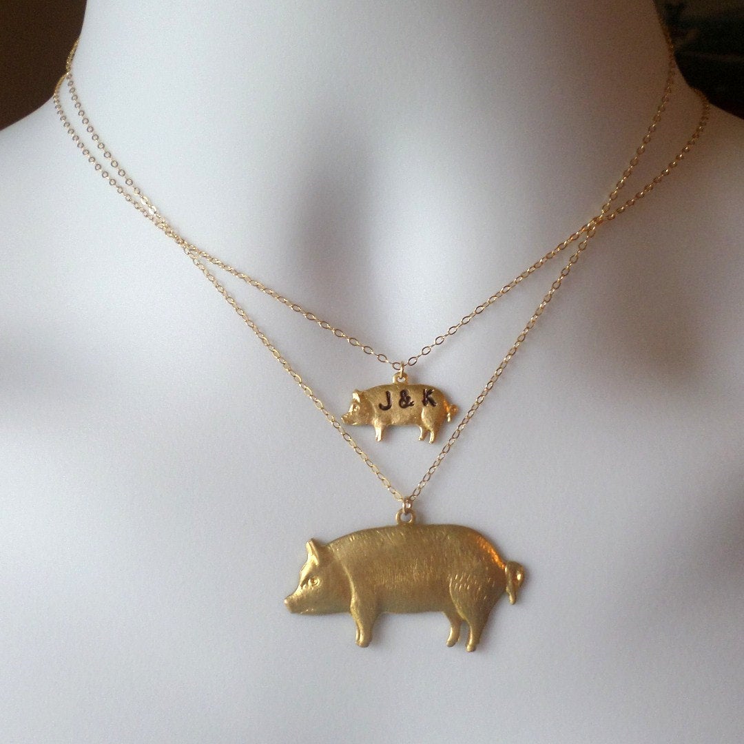 Pig Necklaces  - Set of two Gold Pig Necklaces - Pig Necklaces, Gold Filled Necklace, Animal Jewelry, Christmas Gift, Animal Farm
