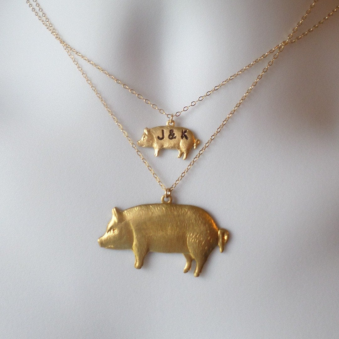 Pig Necklaces  - Set of two Gold Pig Necklaces - Pig Necklaces, Gold Filled Necklace, Animal Jewelry, Christmas Gift, Animal Farm