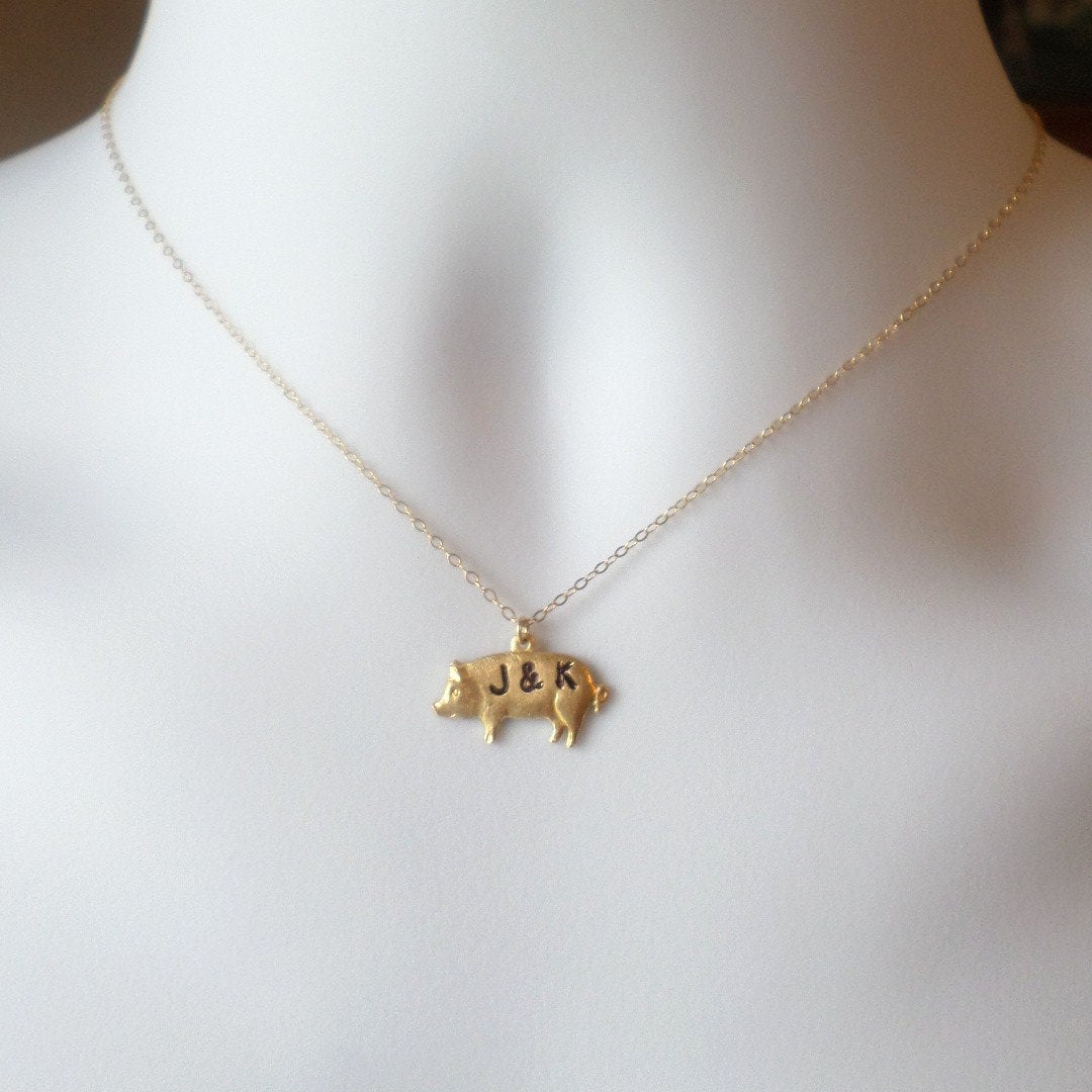 Pig Necklace- Gold Pig Necklace - Mongrammed Necklace - Personalized Necklace - Hand Stamped Jewelry - Christmas Gift