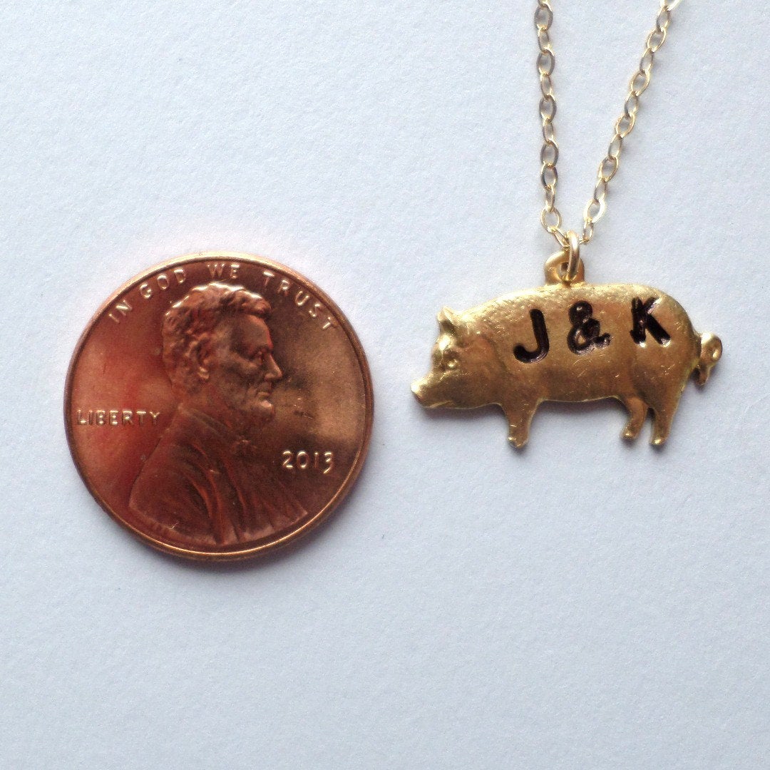 Pig Necklace- Gold Pig Necklace - Mongrammed Necklace - Personalized Necklace - Hand Stamped Jewelry - Christmas Gift