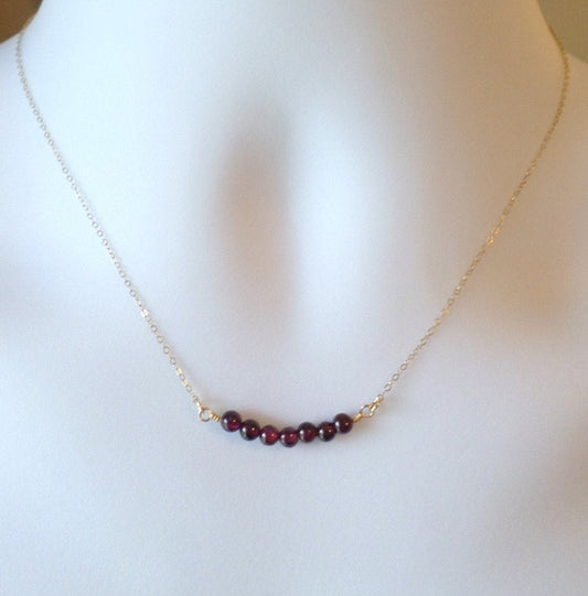 Gold Garnet Necklace - January Birthstone Jewelry  - Tiny Gold Curved Bar Gemstone Necklace - Gemstone Necklace - Christmas Gift