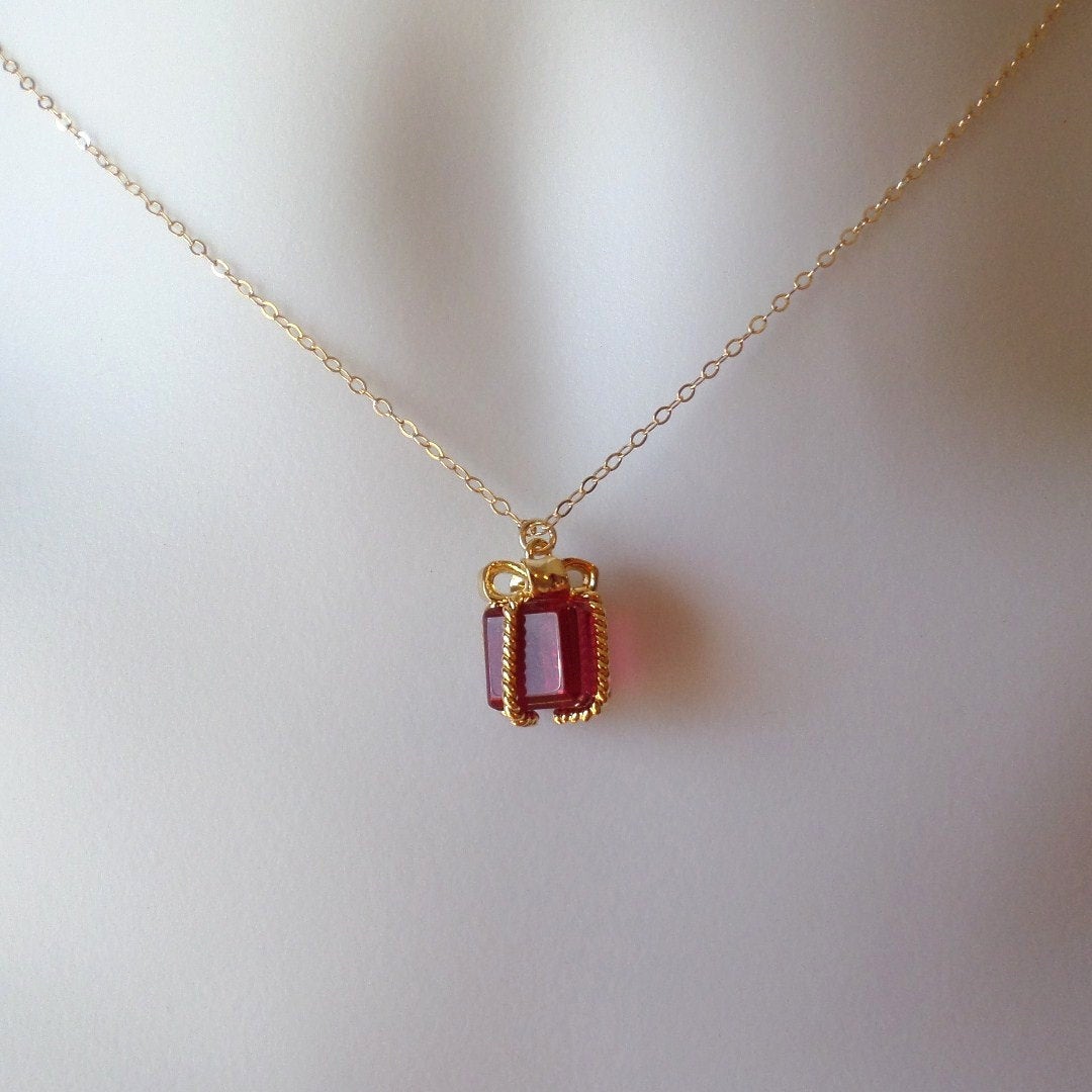 Gold Present Necklace - Gold Present with Ruby Colored Glass Stone Necklace - Gold Necklace - Christmas Gift