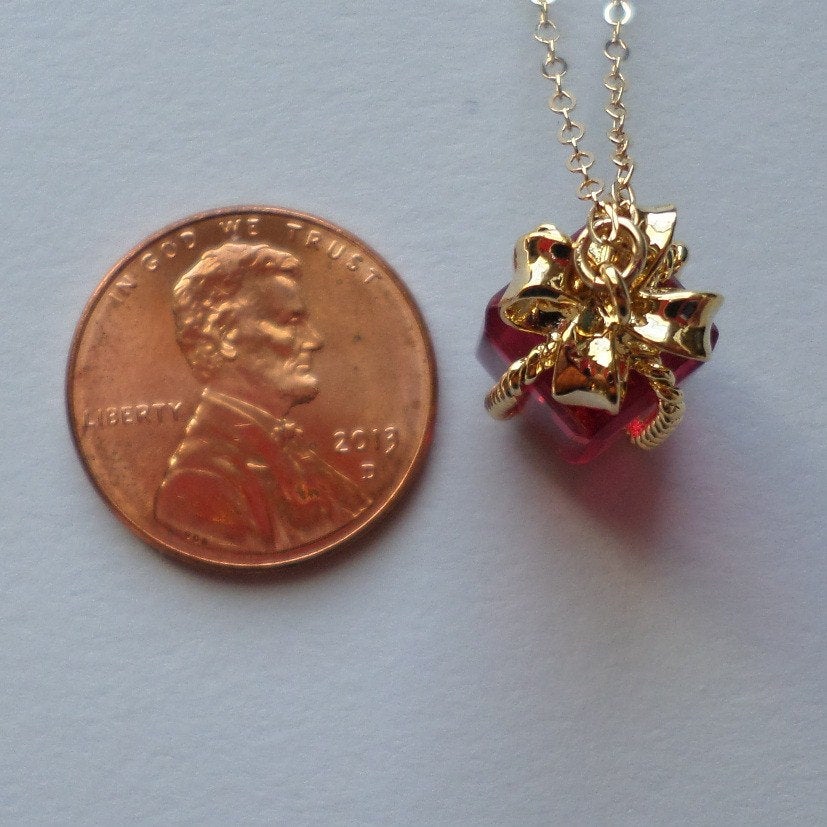 Gold Present Necklace - Gold Present with Ruby Colored Glass Stone Necklace - Gold Necklace - Christmas Gift