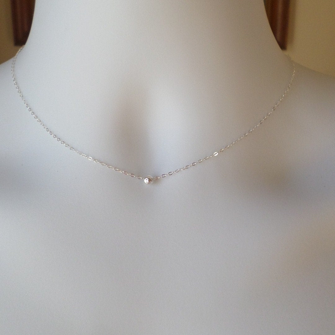 Tiny Sterling Silver Pyramid Cut Round Bead Necklace