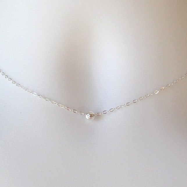 Tiny Sterling Silver Pyramid Cut Round Bead Necklace