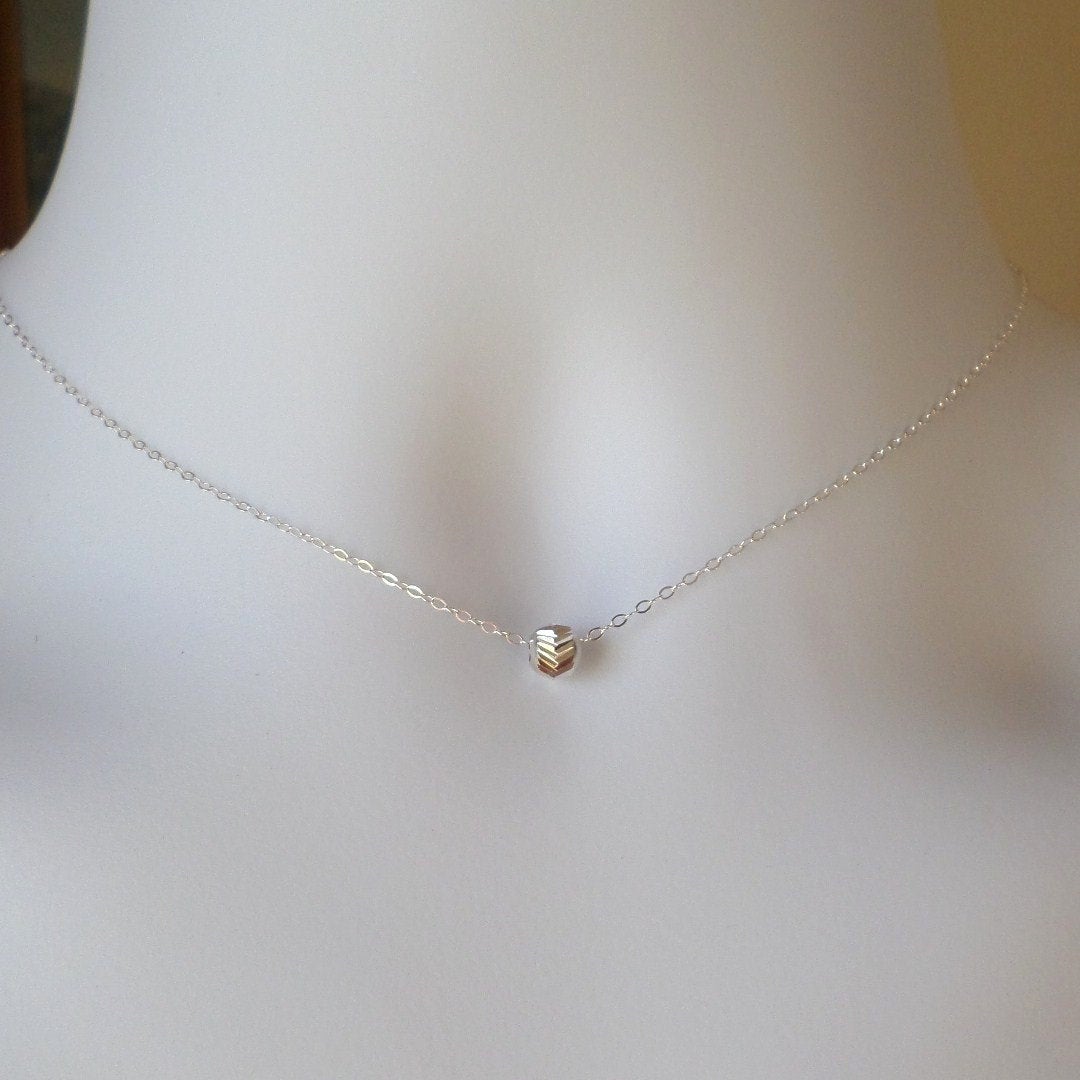 V cut Sterling Silver Necklace - Tiny Silver V Cut Round Bead Necklace - Sterling Silver Necklace - Tiny Necklace - Christmas Gift