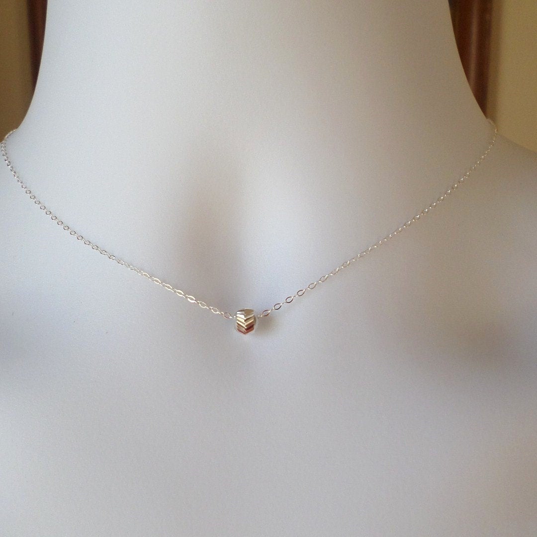 V cut Sterling Silver Necklace - Tiny Silver V Cut Round Bead Necklace - Sterling Silver Necklace - Tiny Necklace - Christmas Gift