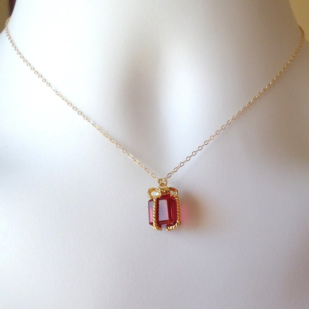 Gold Present Necklace - Gold Present with Ruby Colored Glass Stone Necklace - Gold Necklace - Christmas Gift