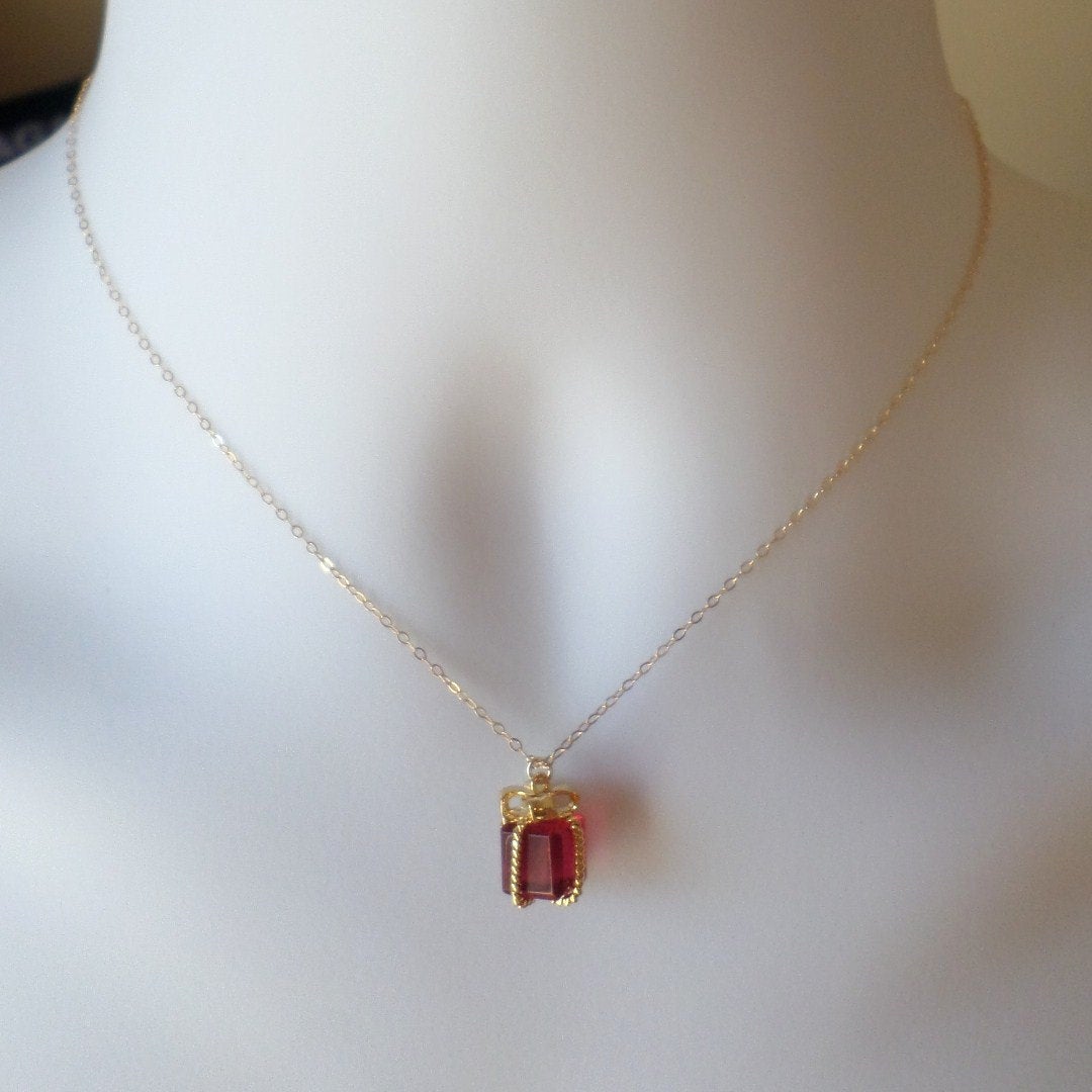 Gold Present Necklace - Gold Present with Ruby Colored Glass Stone Necklace - Gold Necklace - Christmas Gift