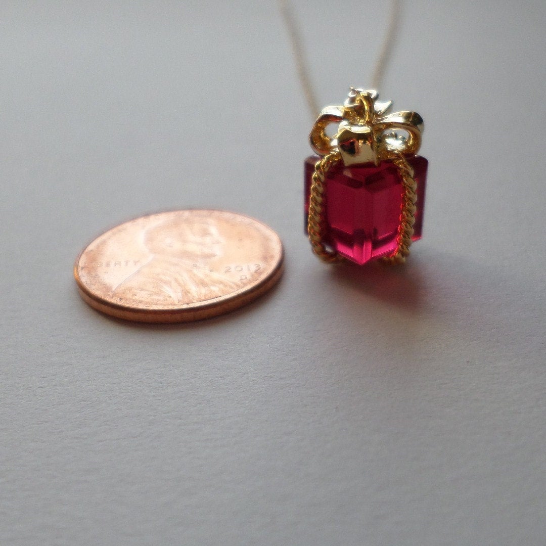 Gold Present Necklace - Gold Present with Ruby Colored Glass Stone Necklace - Gold Necklace - Christmas Gift