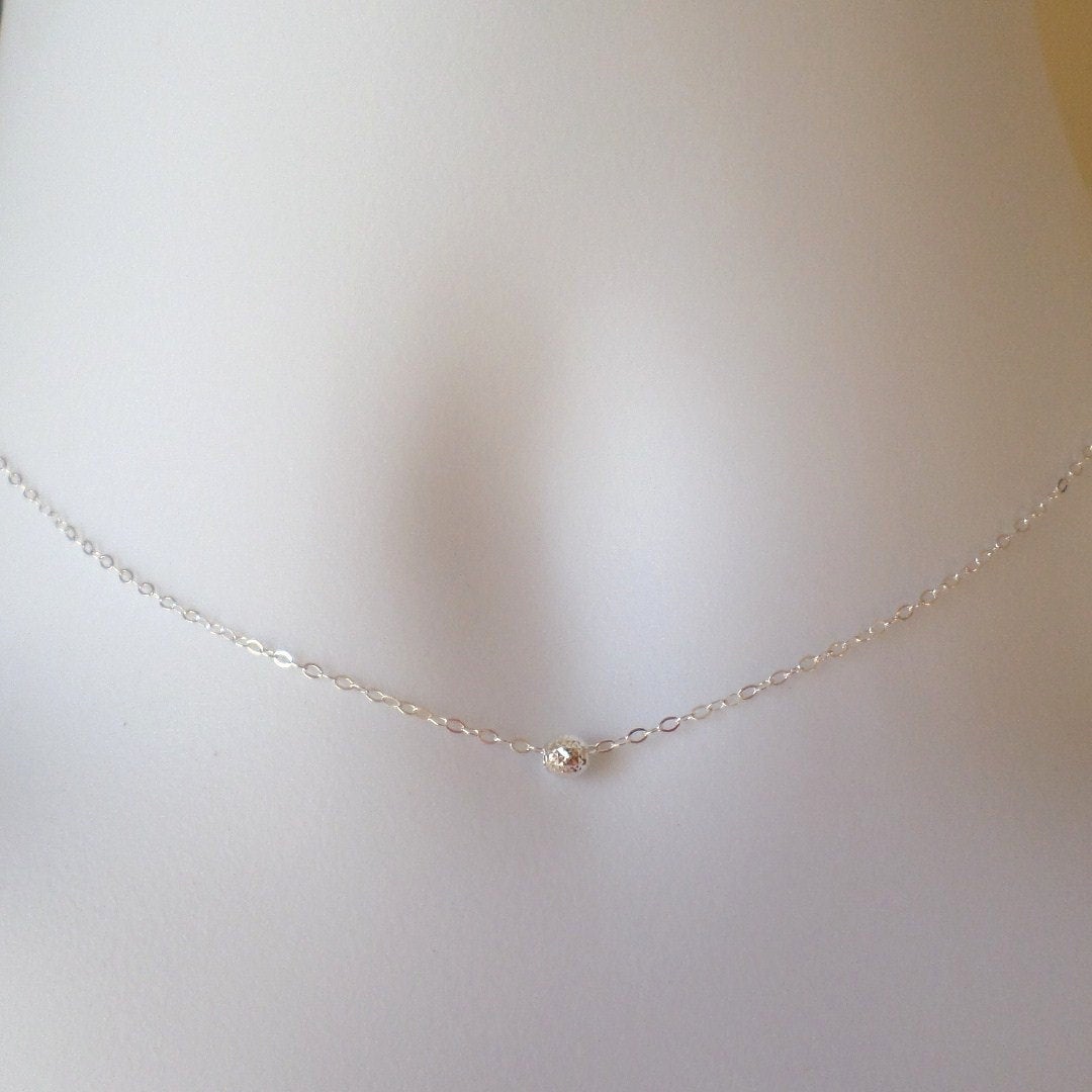 Tiny Sterling Silver Pyramid Cut Round Bead Necklace
