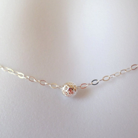 Tiny Sterling Silver Pyramid Cut Round Bead Necklace