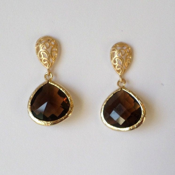 Only One Available - Smokey Framed Glass Drop Earrings - Brown and Gold Earrings - Post Earrings - Graduation Present - Christmas Gift